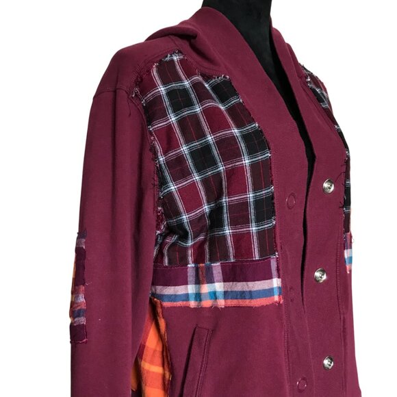 Upcycled Patchwork Hoodie, Size M: Magenta Boho Snap Front Jacket, Campus Grunge - Picture 4 of 17